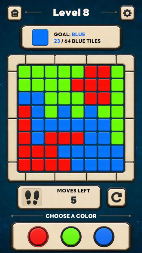 TriHue level 8: an 8 by 8 board of red, green and blue tiles with a blue target and five moves left.