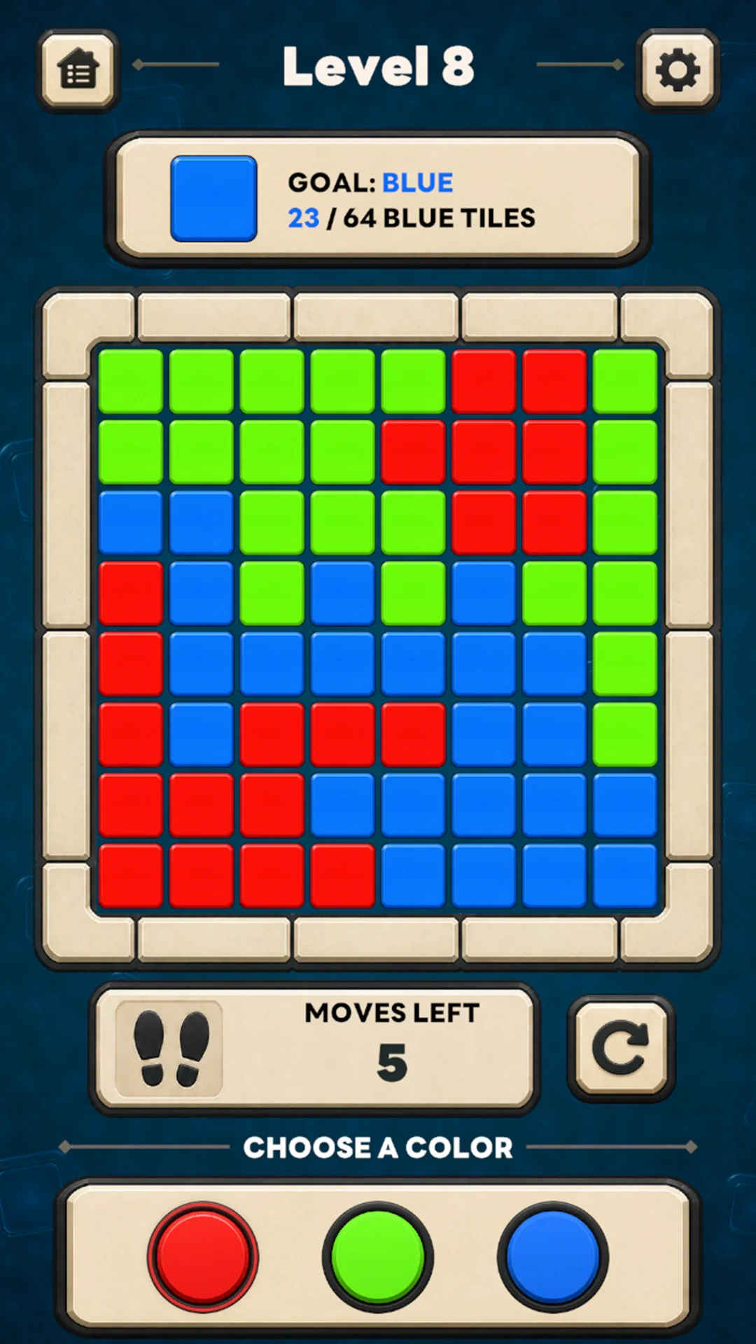 TriHue level 8: an 8 by 8 board of red, green and blue tiles with a blue target and five moves left.