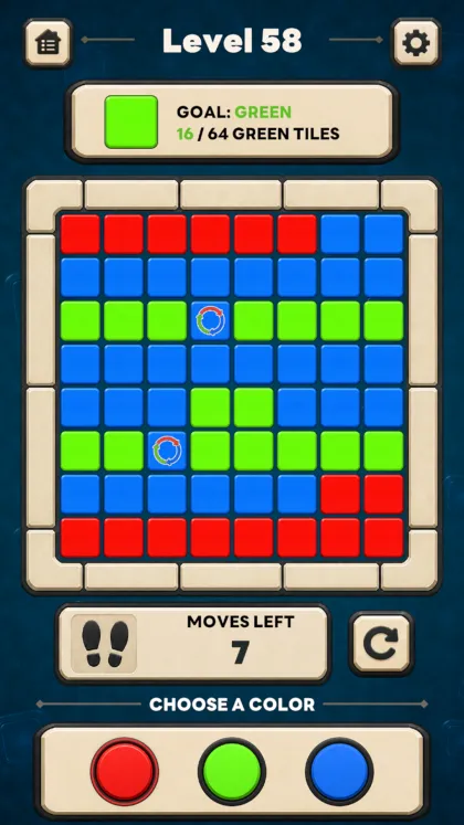TriHue level 58: automatic color-changing tiles on a board with a green target.