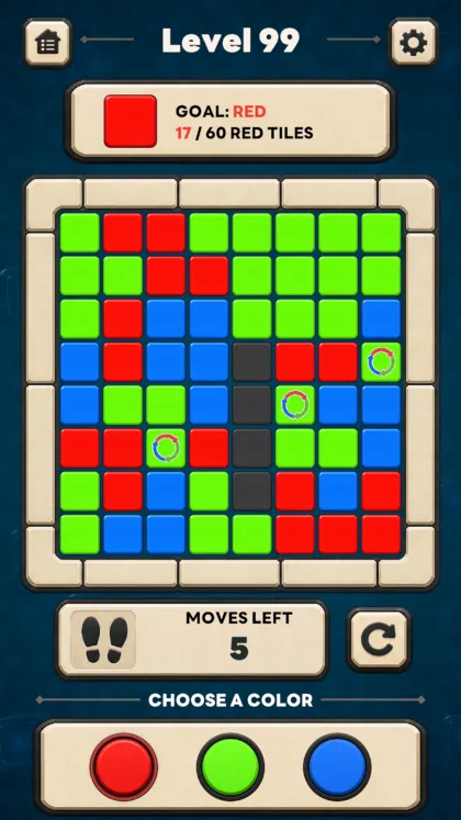 TriHue level 99: dark obstacles divide the board, with red as the target color.