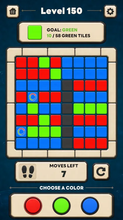 TriHue level 150: a central wall and automatic tiles create a more intricate green-target puzzle.